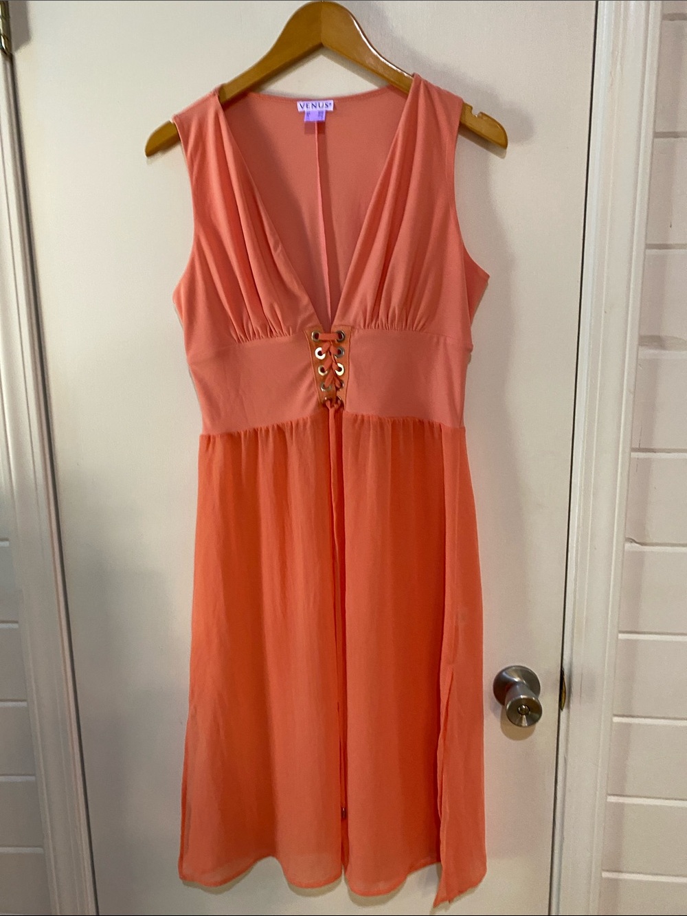 VENUS Coral Lace-Up Waist Sleeveless Midi Dress